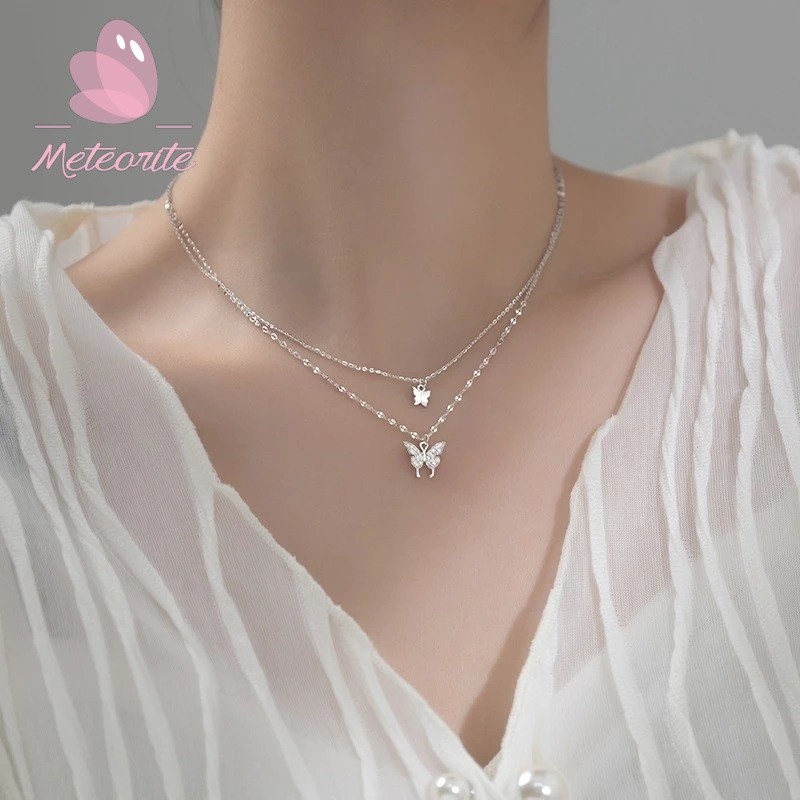 เครื่องประดับ สร้อยคอโซ่ จี้ผีเสื้อ ประดับเพทาย สองชั้น สําหรับผู้หญิง