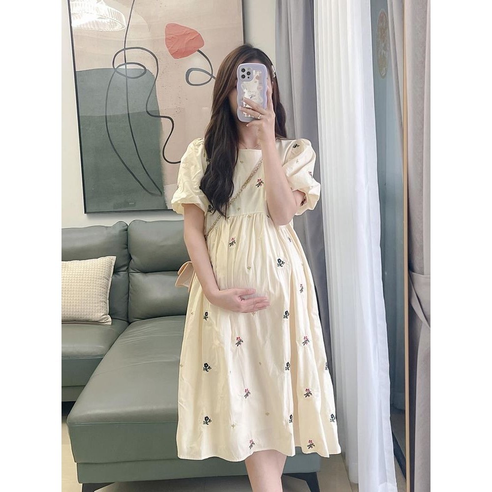 [แนะนํา] ชุดคลุมท้อง แฟชั่นฤดูร้อน สไตล์ใหม่ น่ารัก หวานแหวว ขนาดใหญ่ คอกลม แขนพัฟ ความยาวปานกลาง สไตล์ตะวันตก สําหรับผู้หญิงตั้งครรภ์