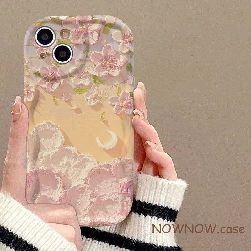 เคสโทรศัพท์มือถือแบบนิ่ม ลายภาพวาดสีน้ํามัน รูปซากุระ ดวงจันทร์ แนวโรแมนติก ฤดูใบไม้ผลิ สําหรับ iPhone 15 14 13 12 11 Pro MAX X XR XS MAX 7 8 Plus