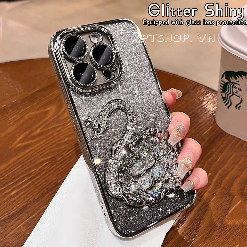 สามมิติเพชรหงส์สีม่วงglitterเงาชุบเคสโทรศัพท์สําหรับiphone 16ProMax 16Pro 16Plus 15Pro 14 13 12 11ProMaxคลุมทั้งหมดกันกระแทกพร้อมกระจกกล้องฝาครอบป้องกัน