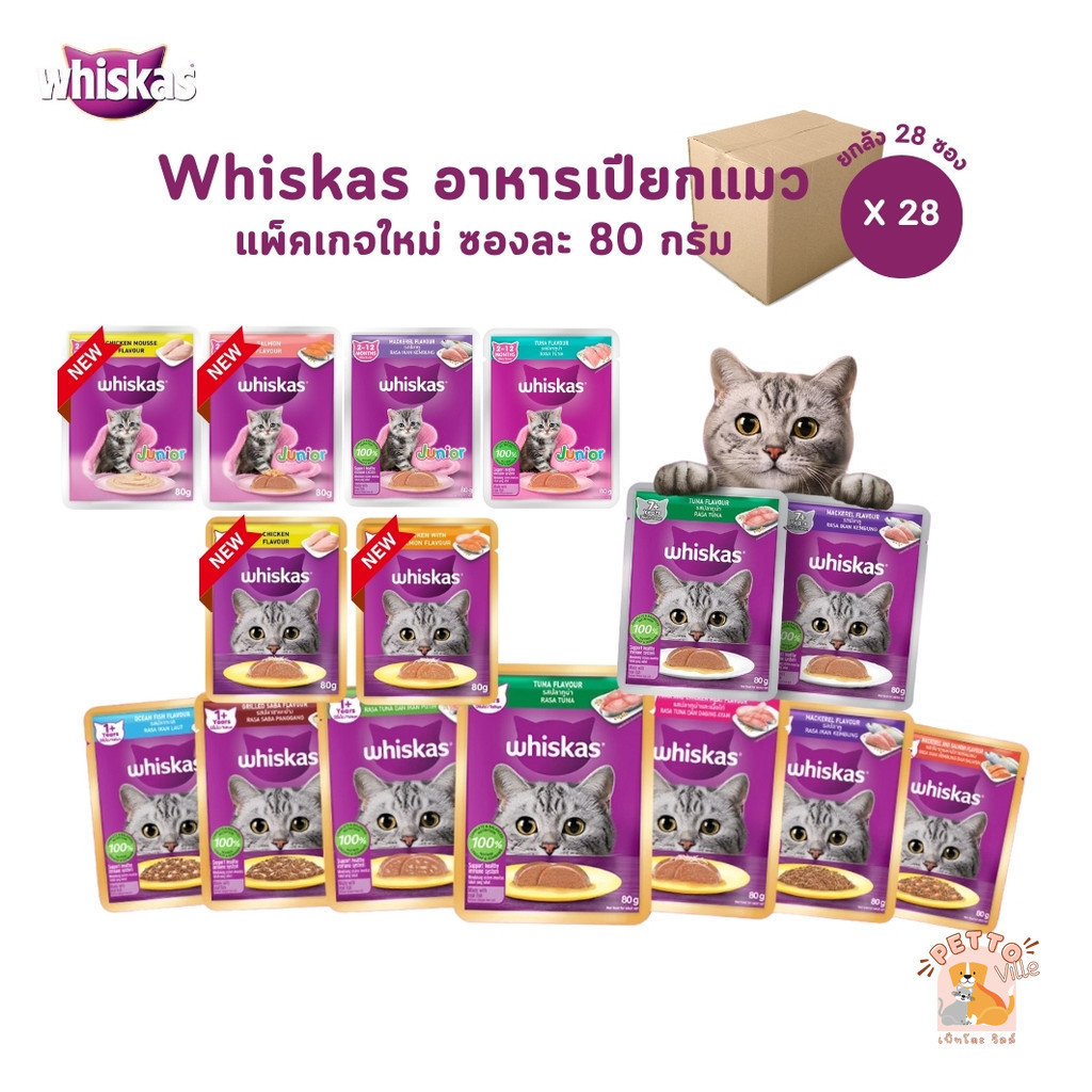 [ยกลัง 28 ซอง] Whiskas อาหารเปียกแมว วิสกัส เพาซ์ อาหารแมวเปียก ขนาด 80g