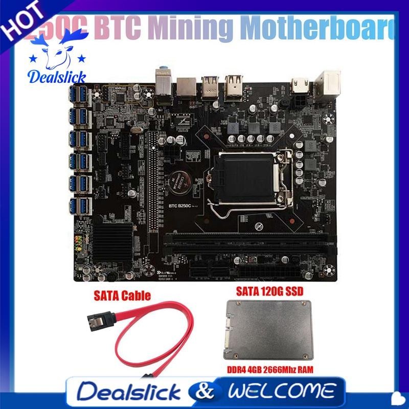 【Dealslick】BTC B250c เมนบอร์ดขุดเหมือง พร้อมหน่วยความจํา DDR4 4GB 2666MHZ 120G SSD สายเคเบิล 12XPCIE เป็นช่องเสียบการ์ด USB3.0 LGA1151 สําหรับ BTC