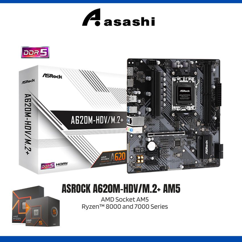 Asrock A620M-HDV/M.2 AM5 เมนบอร์ด COMBO AMD RYZEN 7 7800X3D / 7700X / 7700 RYZEN 5 7600X / 7600