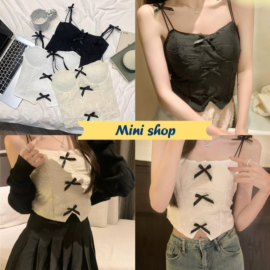 Mini shop🌸พร้อมส่ง🌸 (FY655) เสื้อสายเดี่ยว มีฟองน้ำ ลายโบว์น่ารัก มี3สี -H