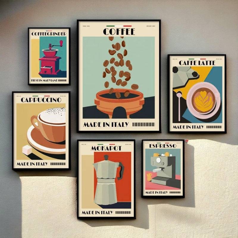 โปสเตอร์ภาพวาดผ้าใบ รูปหม้อกาแฟ เมล็ดกาแฟ อิตาลี สําหรับตกแต่งผนัง คาเฟ่ ห้องนั่งเล่น
