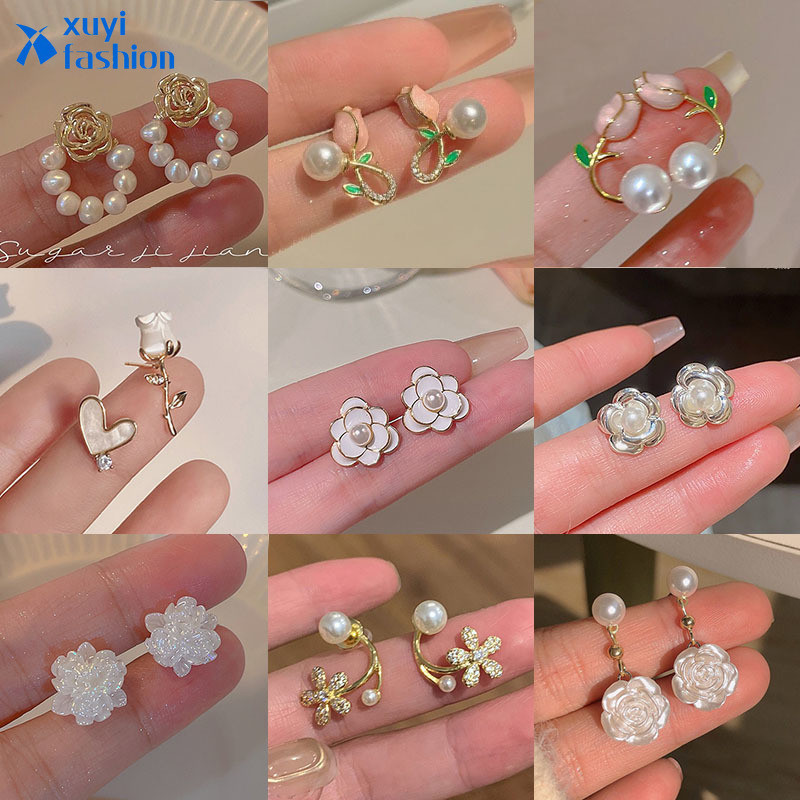 เครื่องประดับ ต่างหู รูปดอกทิวลิป ดอกคามิเลีย ประดับไข่มุก และคริสตัล สําหรับผู้หญิง