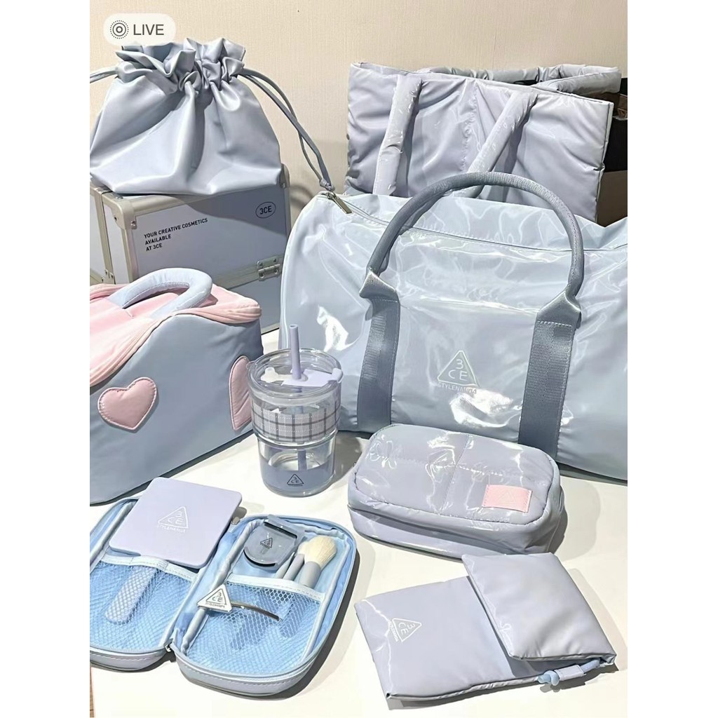 3ce สีเทา Blue Heart Room กระเป๋าเครื่องสําอาง Blue Beauty Box กระเป๋าเดินทางมัลติฟังก์ชั่น Square Tote Bag ความจุขนาดใหญ่