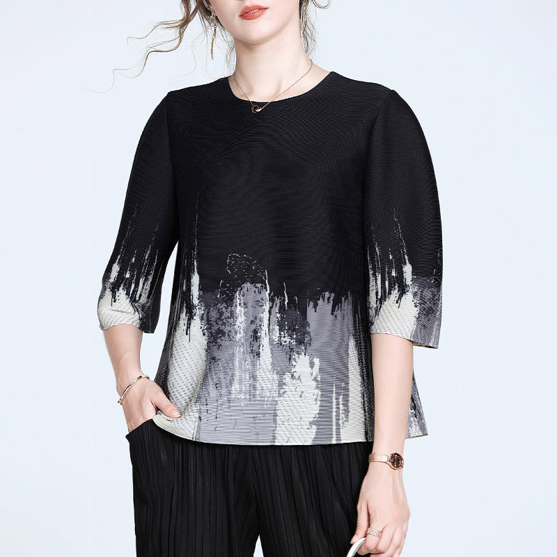 Miyake เสื้อยืดแขนสั้น จับจีบ ทรงหลวม ขนาดใหญ่ เข้ากับทุกการแต่งกาย แฟชั่นฤดูร้อน สําหรับผู้หญิง 2024