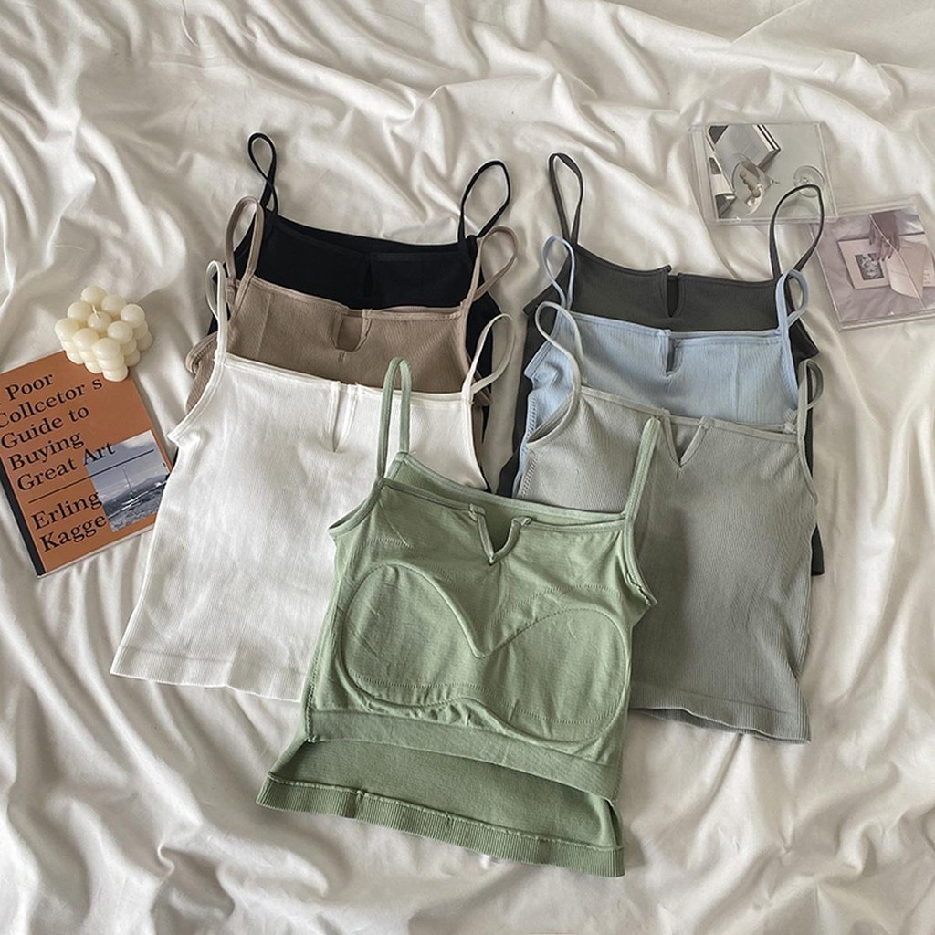 Lune_graceเสื้อครอปสายเดี่ยว ดีเทลวีตรงหน้าอก มีฟองน้ำในตัว ไม่ต้องใส่เสื้อใน สีทึบแมชต์ง่าย