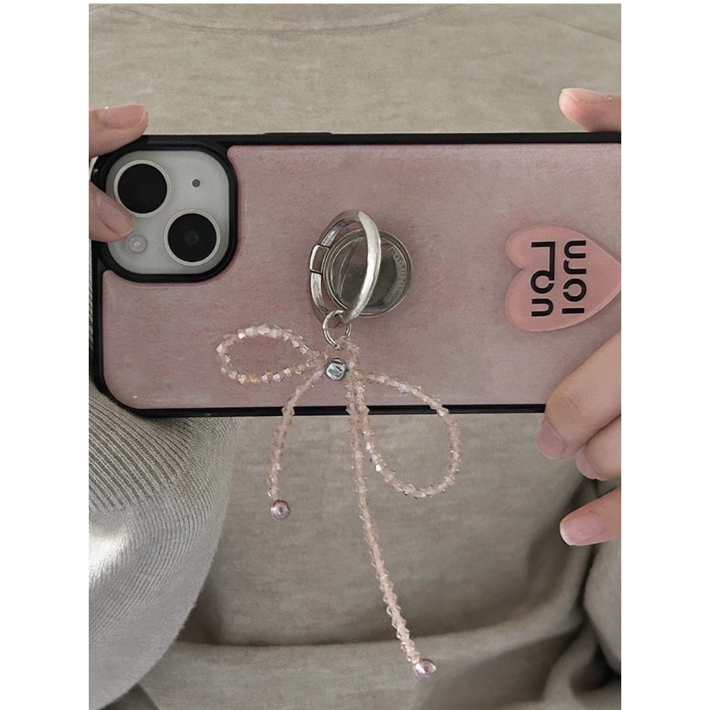 เคสโทรศัพท์มือถือ ผ้าวูล พิมพ์ลายดอกไม้ ประดับลูกปัด สีเทา สีชมพู สไตล์เกาหลี สําหรับ Iphone 15pro 14promax Apple 13 12 11