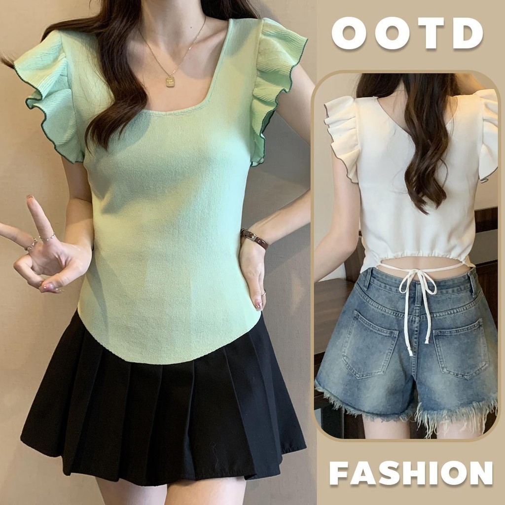 MIMI&DIDI.เสื้อยืดไหมน้ำแข็งผู้หญิง ทรงเข้ารูปแฟชั่น แขนสั้น คอเหลี่ยมสีทึบ แขนลูกไม้ ผูกเอวด้านหลัง#1362