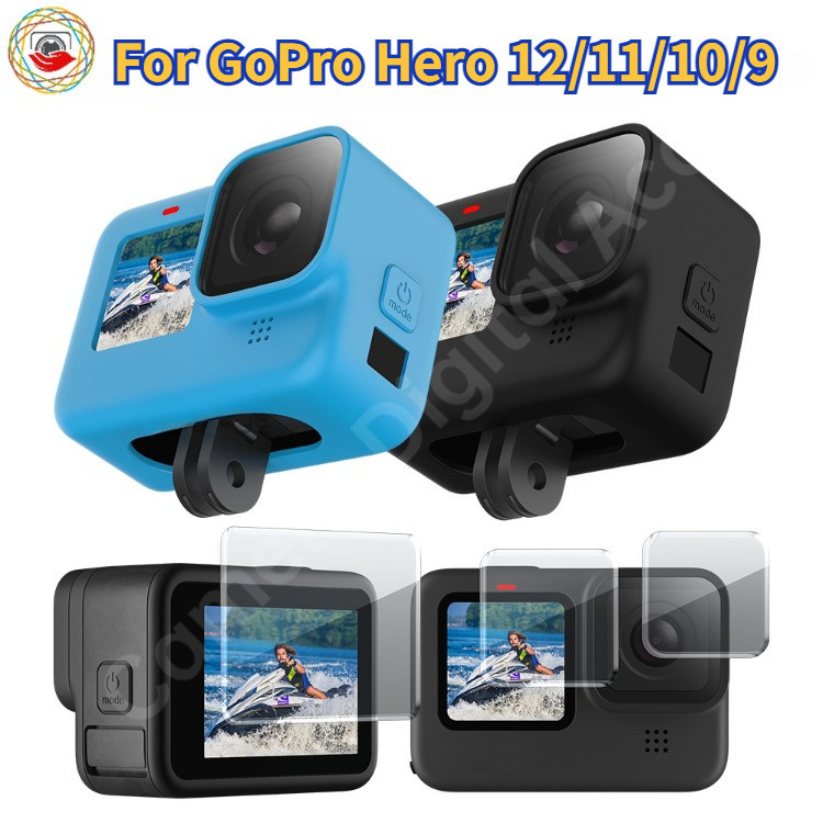 เคสซิลิโคน ป้องกัน สําหรับ GoPro Hero 12 11 10 9 สีดํา กระจกนิรภัย ป้องกันหน้าจอ ฟิล์มป้องกันเลนส์ ฝาครอบ Go Pro อุปกรณ์เสริม
