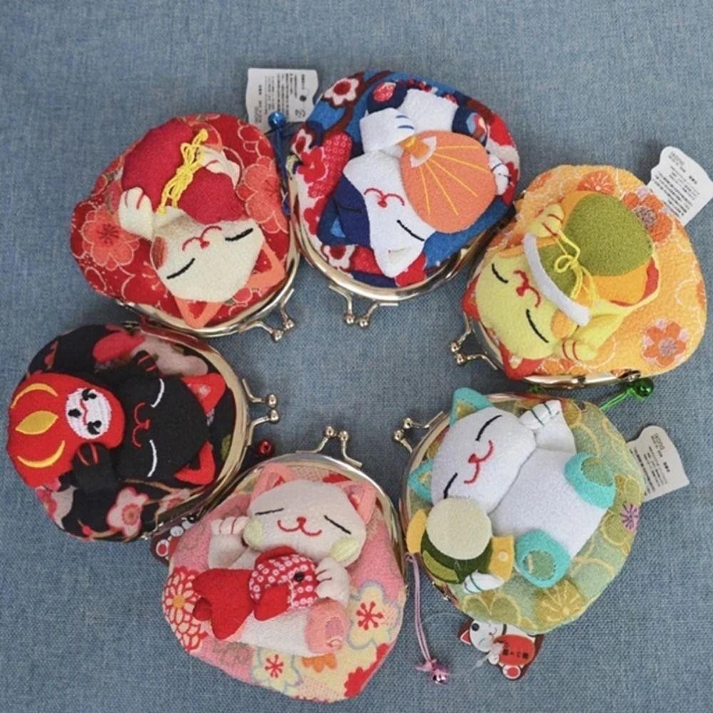 Aubrey1 Maneki Neko กระเป๋าใส่เหรียญ,สไตล์ญี่ปุ่นดอกไม้พิมพ์ Lucky Cat กระเป๋าคลัทช์,แบบพกพาตุ๊กตา PU กระเป๋าสตางค์ผู้ถือบัตรผู้ชาย