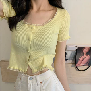 เสื้อครอปแขนสั้น คอกลมหยัก สวยเก๋ น่ารัก ครอปน่ารัก