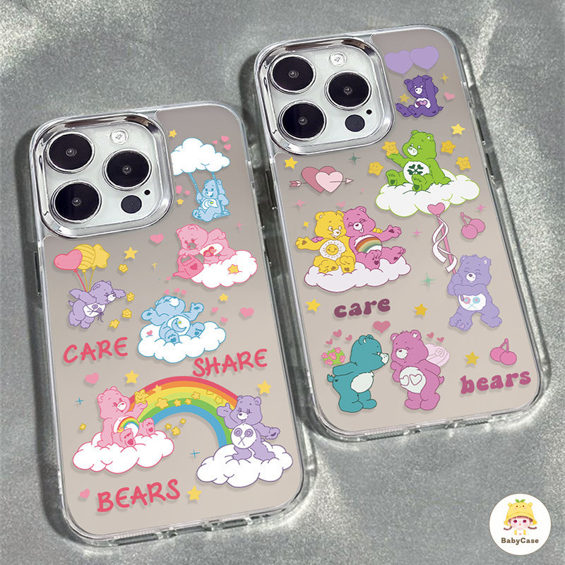 เคสโลหะชุบหรูหราเคสหมีแคร์น่ารักเข้ากันได้สำหรับ IPhone 15 13 11 12 14 Pro Max XR 7 8 7Plus 8Plus X 