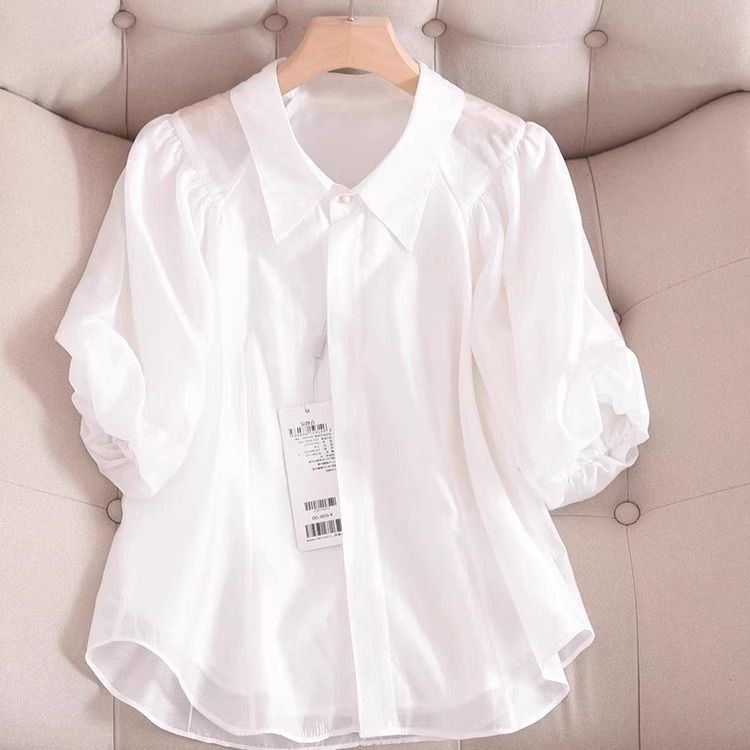 สีขาวเสื้อแขนสั้นผู้หญิงElegantพัฟแขนเสื้อภาษาฝรั่งเศสคําSoft & Cool Tencelเสื้อผ้า