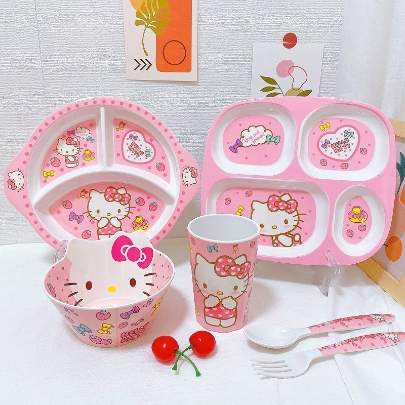 ชุดจานชามอาหาร ช้อนส้อม ลายการ์ตูนแมว Hello Kitty กันกระแทก สําหรับเด็ก