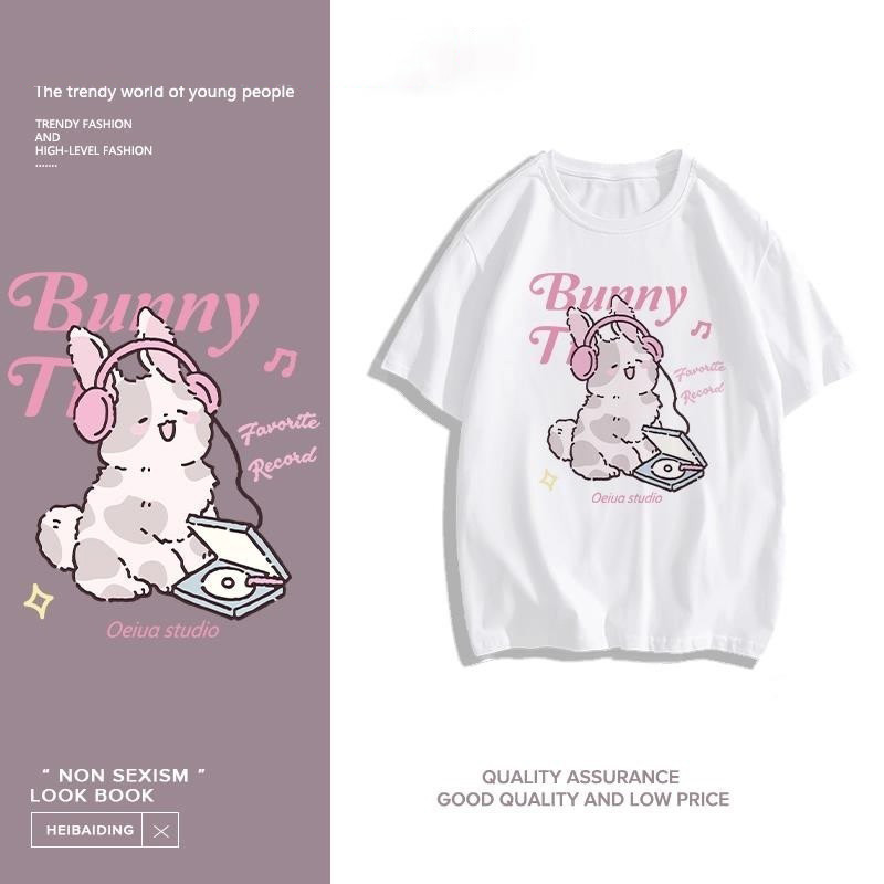 COD (กรุงเทพจัดส่งสินค้า)MAO Shop ผ้าฝ้ายแท้ การ์ตูนน่ารักกระต่ายน้อยพิมพ์เสื้อยืดแขนสั้นหลวม