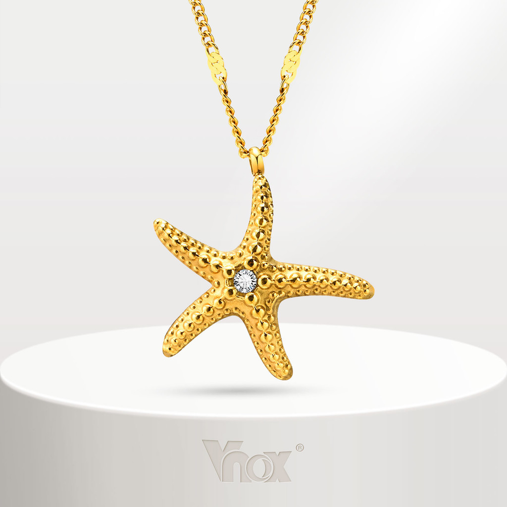 Vnox สร้อยคอโซ่ สเตนเลส 18K จี้รูปปลาดาว ประดับเพทาย เครื่องประดับ ของขวัญ สําหรับผู้หญิง