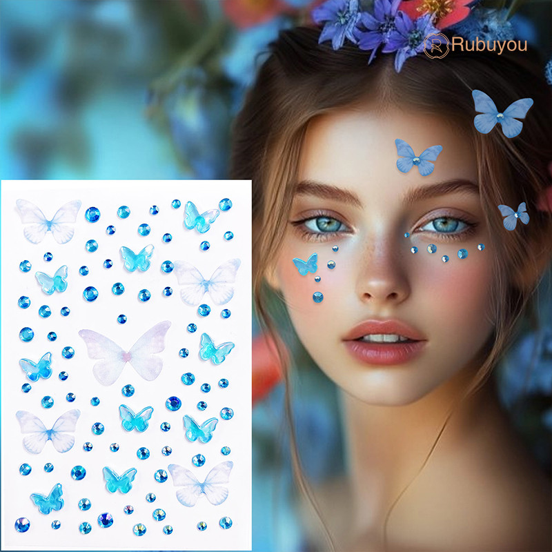 Rubuyou สติกเกอร์คริสตัล เพชรติดหน้า ผีเสื้อติดหน้า รูปผีเสื้อ DIY 3D Butterfly Sticker  เด็กสเตจแต่งหน้าสติ๊กเกอร์