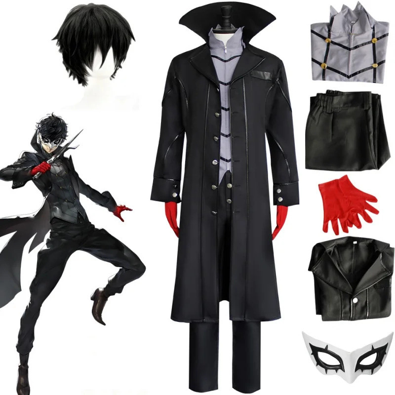 อะนิเมะ Persona 5 Joker คอสเพลย์เกม P5 Rain Palace Lotus คอสเพลย์ชุดเสื้อผ้าวิกผมถุงมือหน้ากากสีดํา Overcoat Uniform