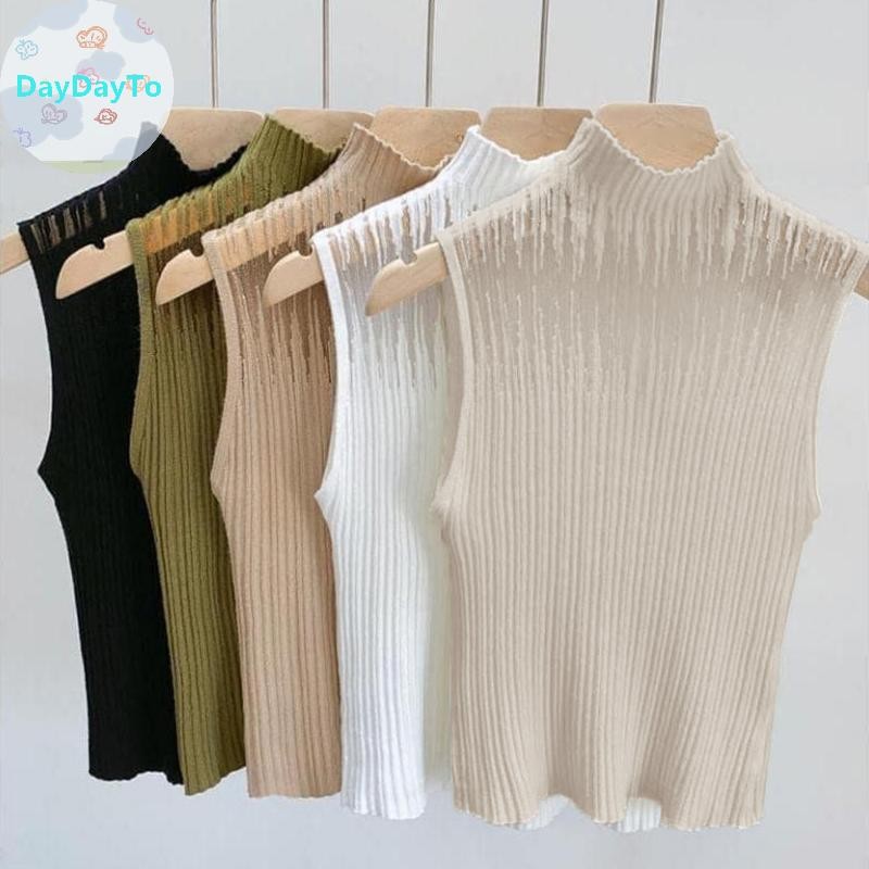 Daydayto ฤดูร้อนเกาหลีครึ่งคอเต่าHollowถักเสื้อกั๊กผู้หญิงสีทึบแขนกุดSlim Tank Top TH
