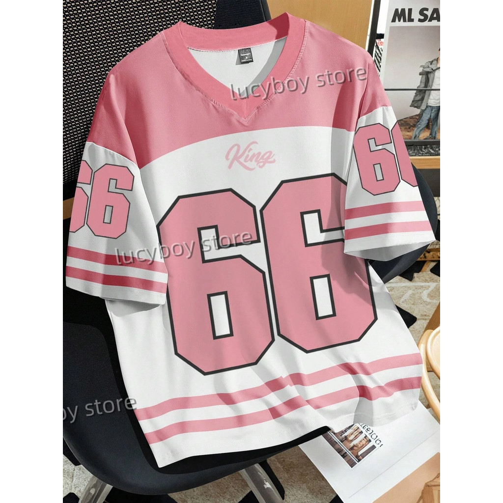 Mens Number 66 Letter KING พิมพ์เสื้อยืด Man แขนสั้น Sportwear ฟุตบอลเสื้อยืด Vintage Oversize ลาย Tees ผู้ชายเสื้อผ้า