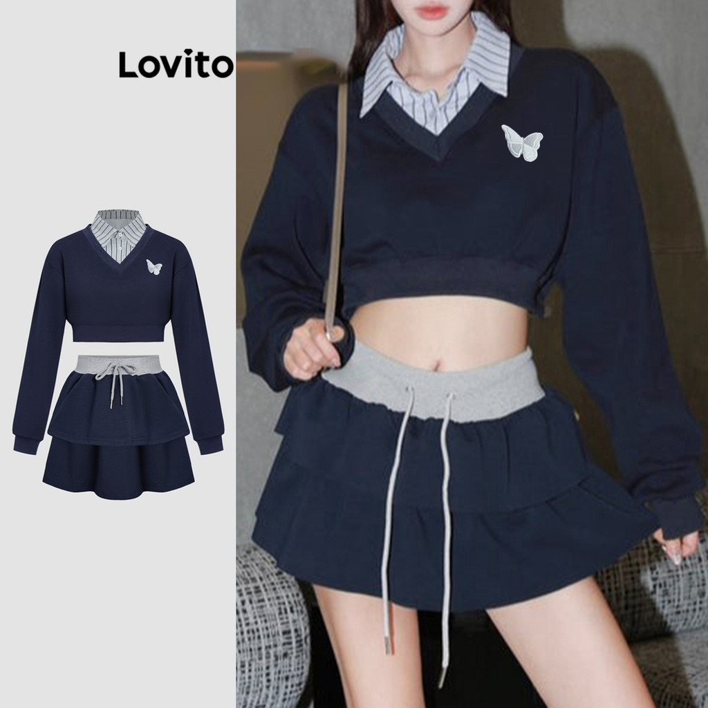 Lovito ชุดกระโปรงชายระบายลายผีเสื้อ 2-in-1 สำหรับผู้หญิง L117AD210