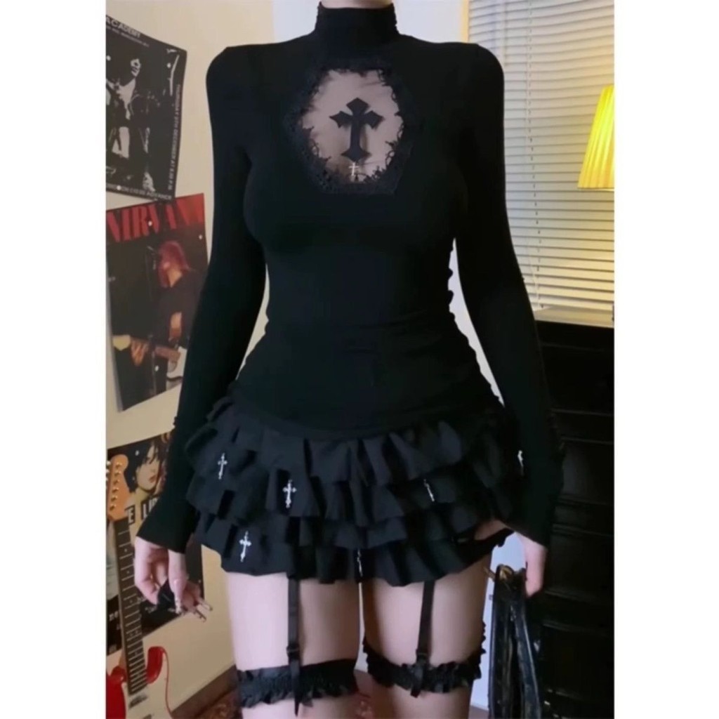 X-orange American Cross Hollow เสื้อยืดแขนยาว Slim-Fit เสื้อคอเต่าฤดูใบไม้ผลิฤดูใบไม้ร่วงสไตล์ใหม่เสื้อผ้าผู้หญิงลําลอง