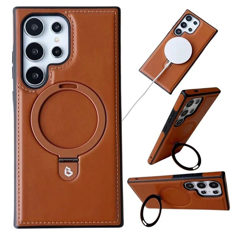 หมุนแม่เหล็กผู้ถือแหวนหนังสําหรับ Samsung Galaxy S25 S26 Ultra S24+ S22 S23 Plus Hard Cover