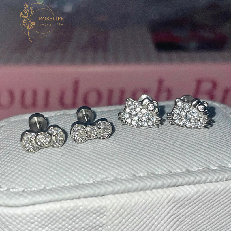 โรสไลฟ์ เกาหลีน่ารัก1คู่สีเงินประกายคริสตัลคิตตี้/โบว์สกรูต่างหูสําหรับผู้หญิงสาวหูเจาะกระดุมเครื่องประดับ