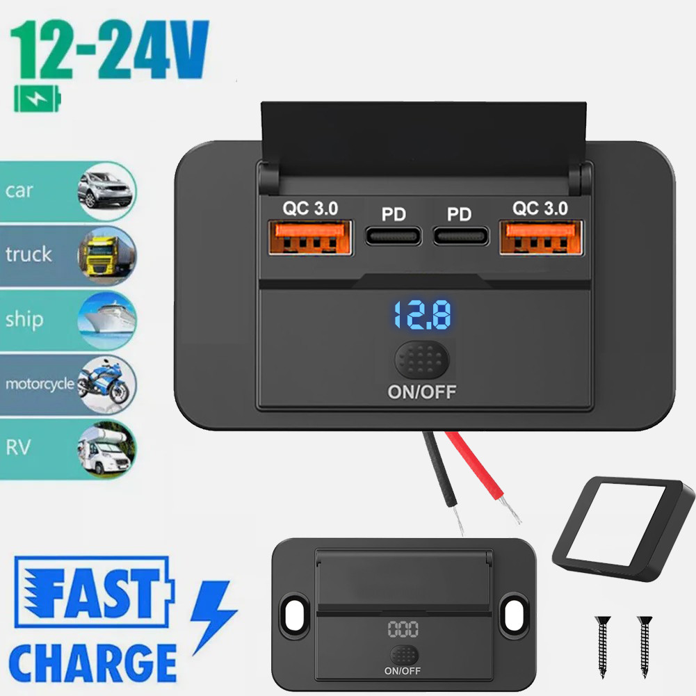 4-ports PD QC3.0 รถชาร์จ Splitter Outlet รถ Charger ซ็อกเก็ตอะแดปเตอร์พร้อมสวิตช์ 12/24V สําหรับรถยนต์รถบัส RV ATV รถบรรทุกเรือ