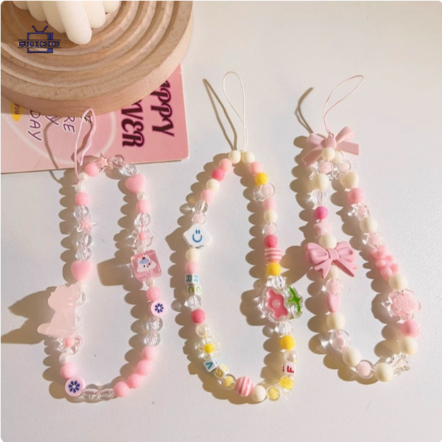 สายคล้องโทรศัพท์ Kawaii ห่วงโซ่โทรศัพท์มือถือ โทรศัพท์โซ่โบว์ลูกปัดแขวนโซ่โทรศัพท์กรณีกล้องเชือกเส้นเล็ก