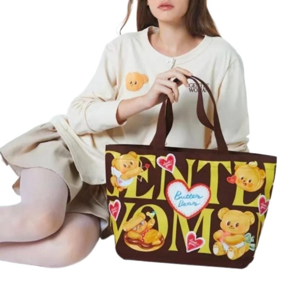 กระเป๋าผ้าแคนวาส REAYA พิมพ์หมีเนยพร้อมกระเป๋าสะพายซิป น่ารัก Commuting ความจุขนาดใหญ่ Tote Bag Women