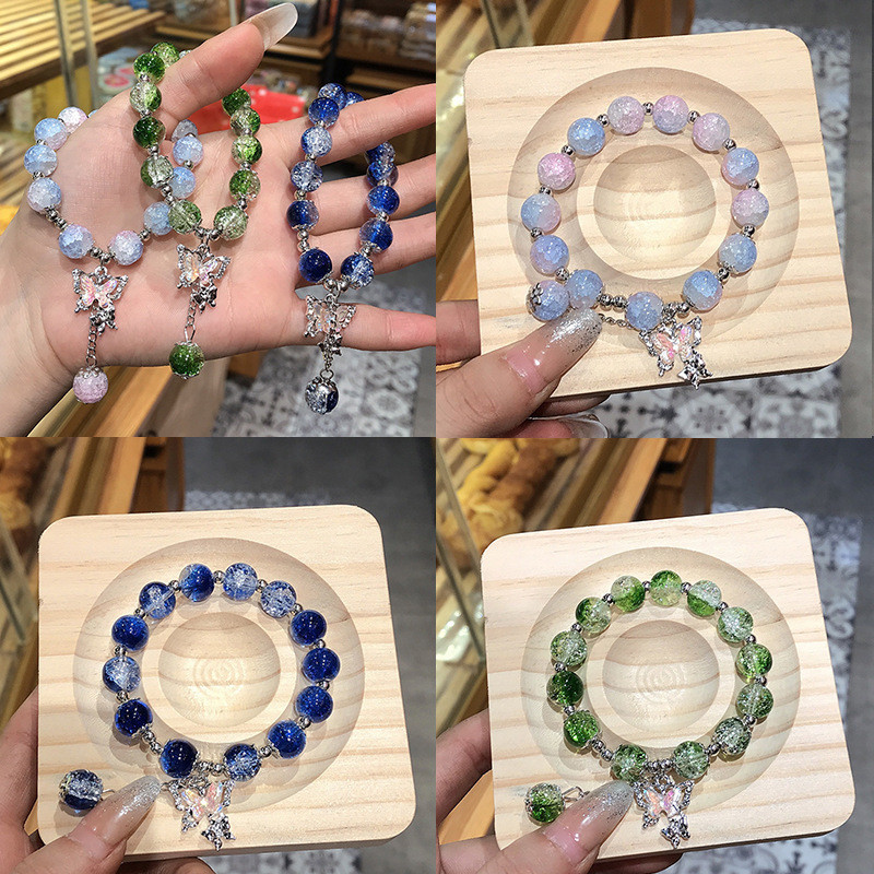 สร้อยข้อมือแก้ว จี้ผีเสื้อ สีชมพู เหมาะกับของขวัญแฟนสาว สําหรับผู้หญิง