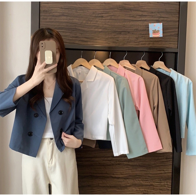 Cuties w230 เสื้อคลุมแขนสั้นครอป เสื้อสูทผู้หญิง คอวี กระดุม สไตล์เกาหลี
