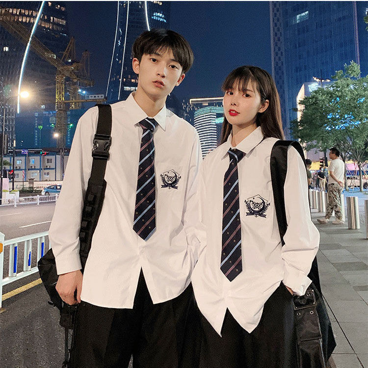 Jk ชุดยูนิฟอร์ม เสื้อเชิ้ต แขนยาว สีขาว ปักลาย ทรงหลวม สไตล์เกาหลี สําหรับผู้ชาย นักเรียน