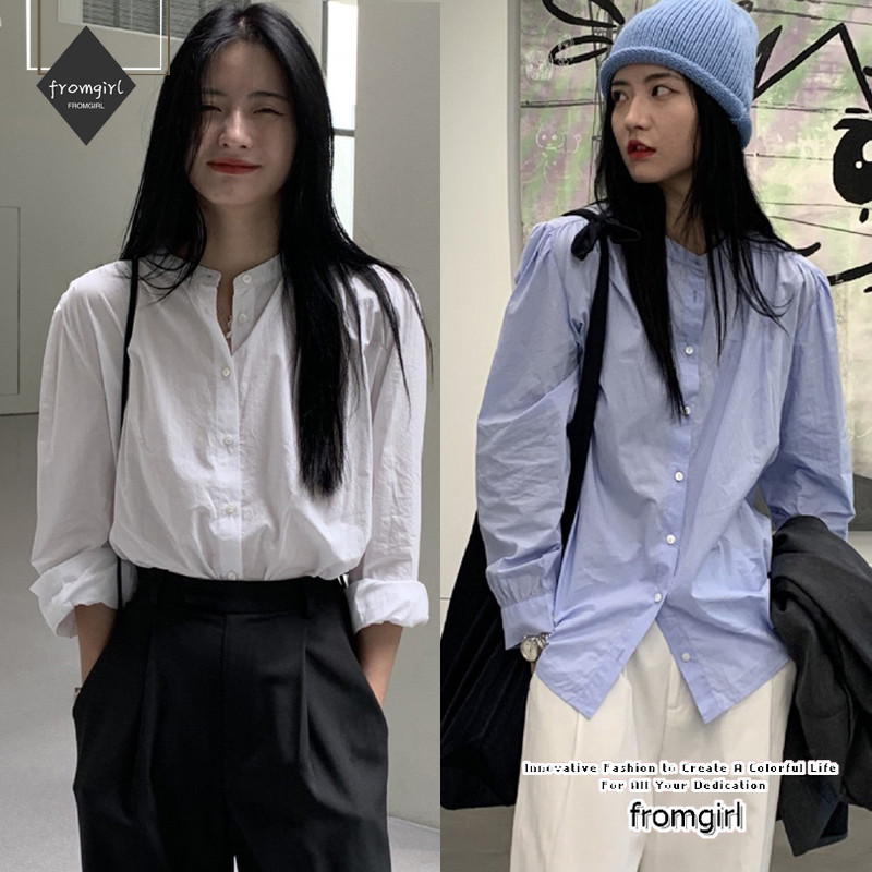 เสื้อเชิ้ตแขนยาว คอกลม ผ้าฝ้าย สีขาว แฟชั่นฤดูใบไม้ร่วง สไตล์เกาหลี เรโทร สําหรับผู้หญิง 2024