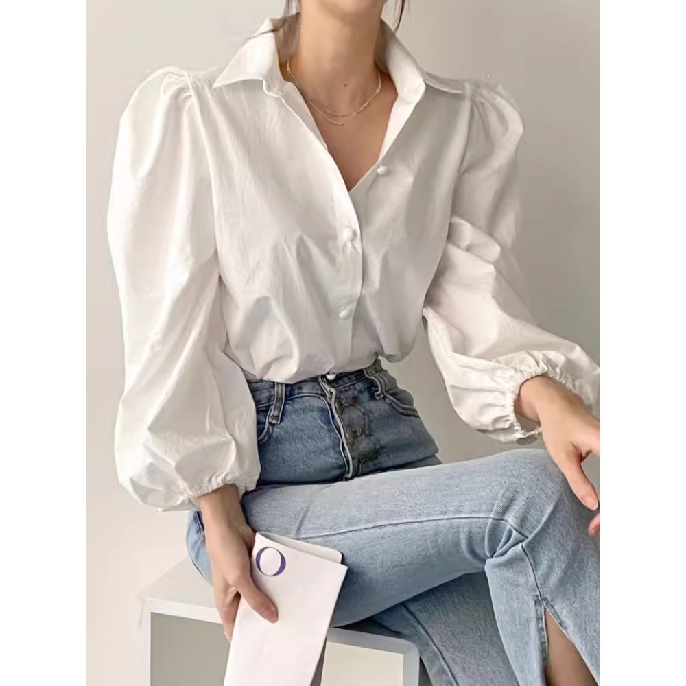เสื้อเชิ้ตแขนพัฟ คอปก กระดุมแถวเดียว ทรงหลวม สีพื้น แบบเรียบง่าย สไตล์เกาหลี และฝรั่งเศส