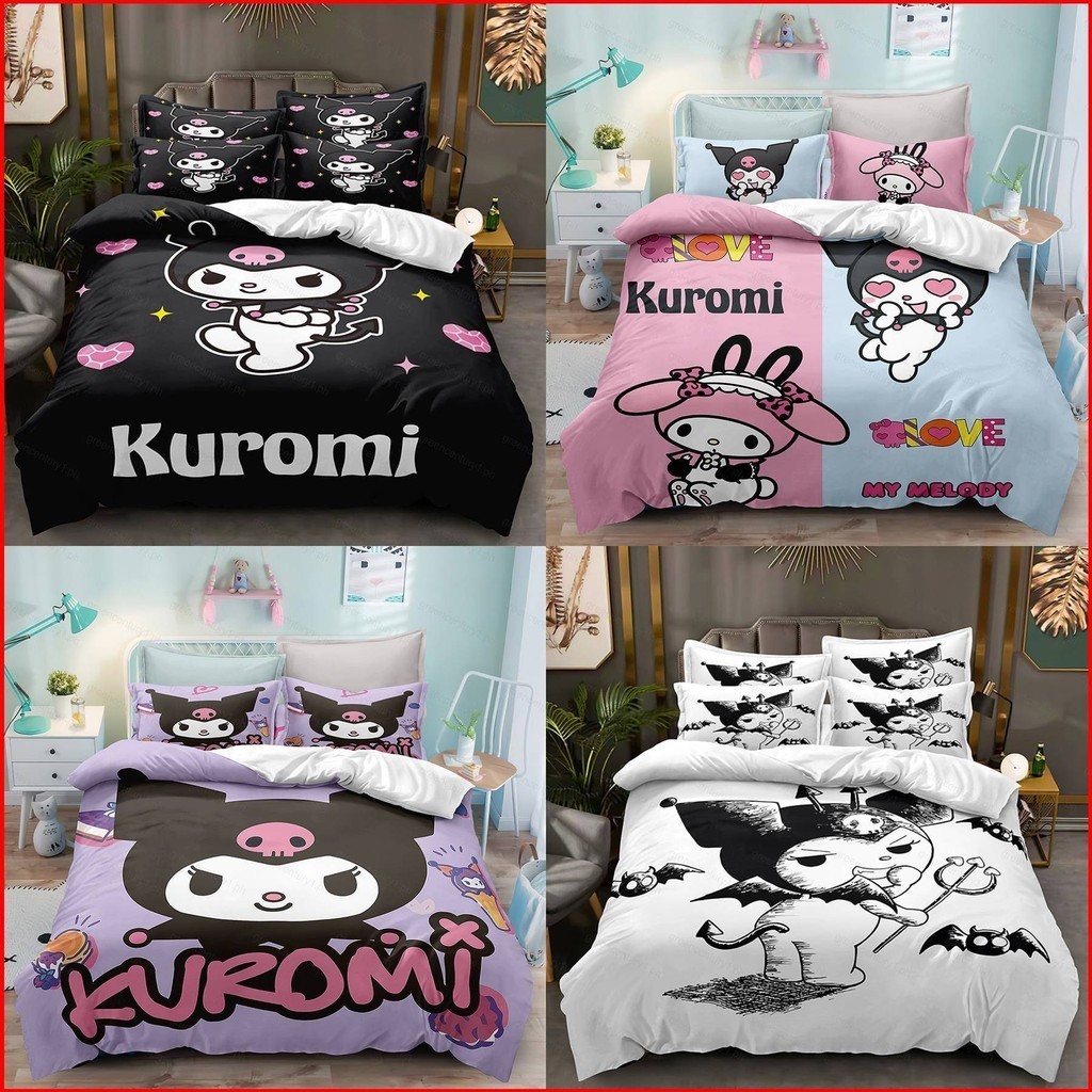Ys Sanrio Kuromi 3IN1 ชุดเครื่องนอน ผ้าปูที่นอน ปลอกหมอน ผ้าห่ม หอพัก บ้าน ห้องนอน ล้างทําความสะอาดได้