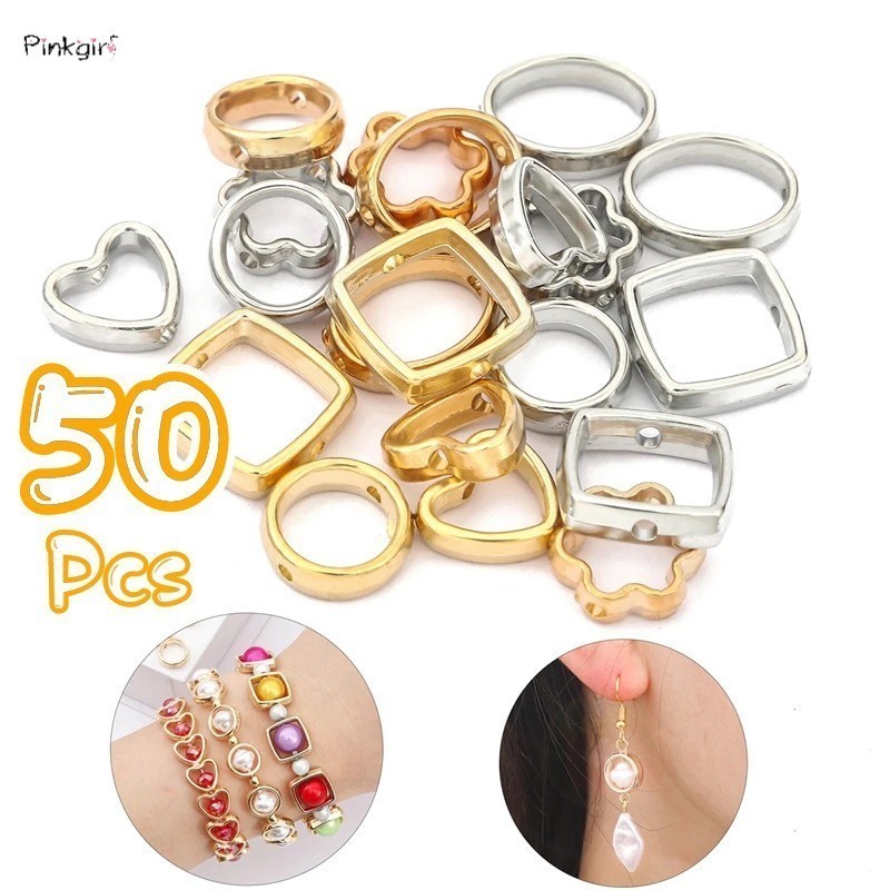 ลูกปัดวงกลม รูปหัวใจ ดอกไม้ สองรู สําหรับทําเครื่องประดับ สร้อยคอ สร้อยข้อมือ ต่างหู DIY 50 ชิ้น