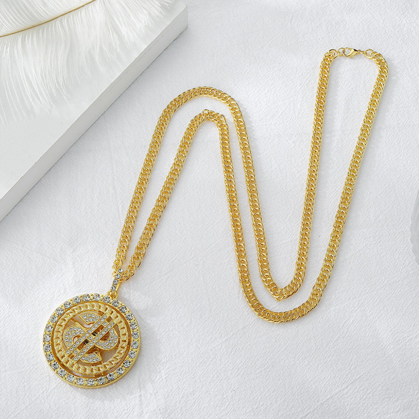 ใหม่ล่าสุด GOLD TITANIUM HIP HOP RING NECKLACE ANTI-RUST PENDANT DOLLAR MOTIF HIP HOP STYLE
