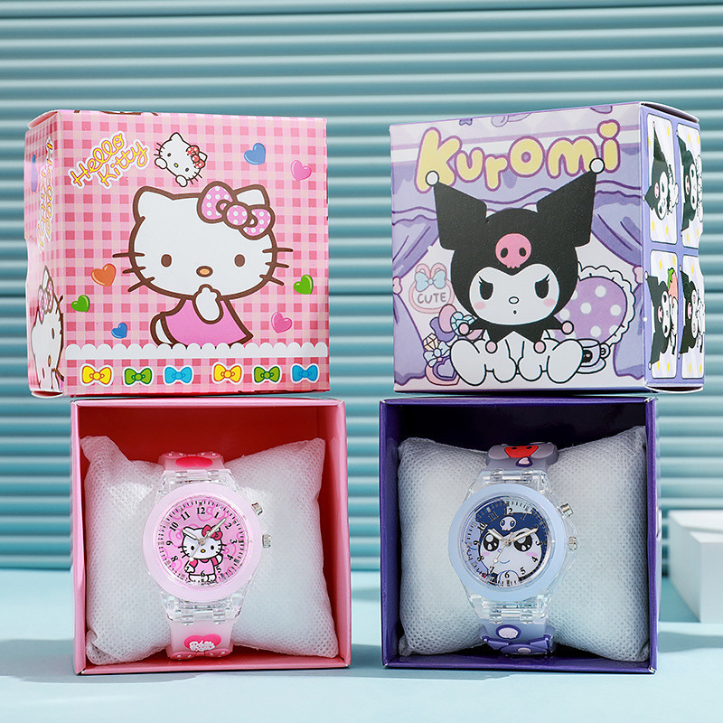 SANRIO นาฬิกาข้อมือควอตซ์ ลายการ์ตูน Kuromi Melody Cinnamoroll น่ารัก พร้อมกล่องสี สําหรับเด็กผู้หญิง