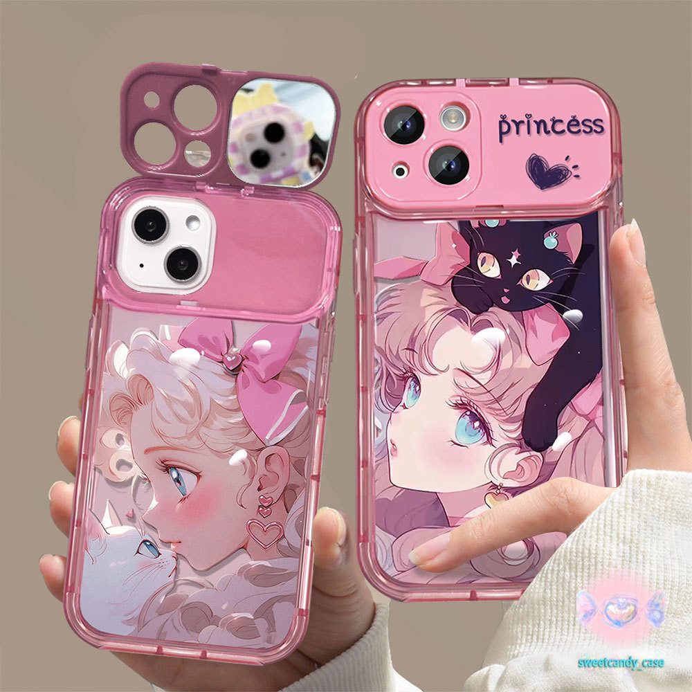 [ราคาโปรโมชั่น] สาวและแมวกระจกแต่งหน้าเคสโทรศัพท์เข้ากันได้กับiPhone X XR XSสูงสุด 11 13 15 12 Pro Max 7 8 14 15 Plus