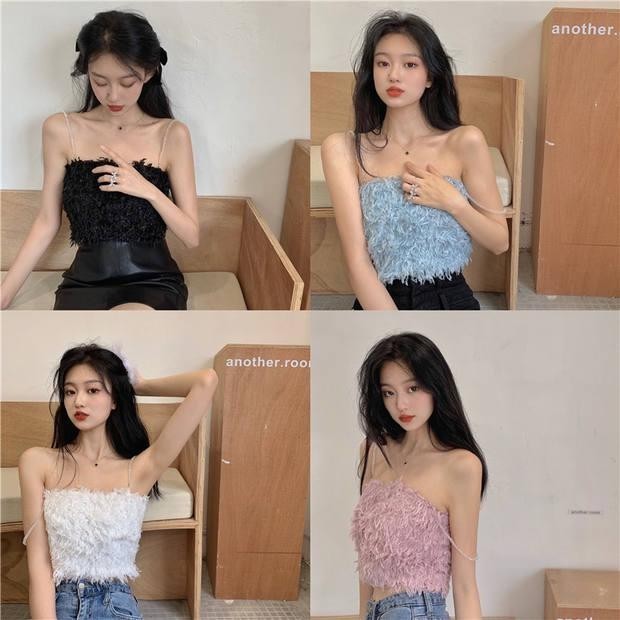 Grace&Chill 4276 เสื้อสายเดี่ยวเกาะอก แต่งขนนก เกาะอกขนมิ้ง ขนนุ่มฟูสวยงานดีมาก น่ารักสุดๆ ผ้านิ่มๆ