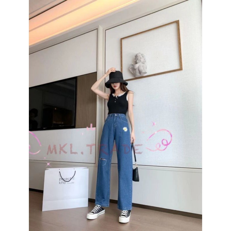 Cynthiaพร้อมส่ง กางเกงยีนส์ขายาว ทรงกระบอก ลายปักดอกไม้ รูปที่ 5