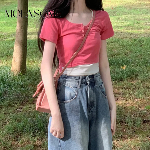 Molasome เสื้อยืดคอกลม แขนสั้น สีตัดกัน สําหรับผู้หญิง 2024