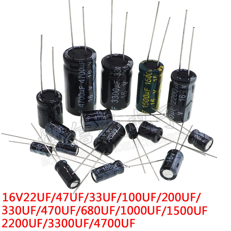 16V ตัวเก็บประจุอิเล็กโทรไลต์อลูมิเนียมแทรกโดยตรง 16V 10UF/22UF/33UF/47UF/100UF/220UF/330UF/470UF/680UF/1000UF