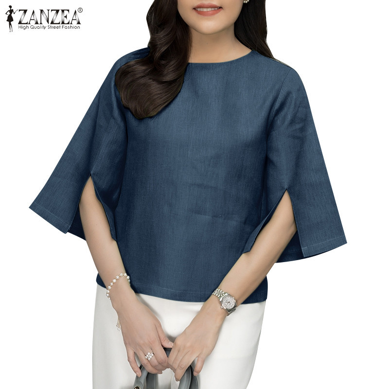 Zanzea เสื้อเบลาส์ลําลอง คอกลม แขน 3/4 ทรงหลวม สีพื้น สไตล์เกาหลี สําหรับผู้หญิง - รูปที่ 4