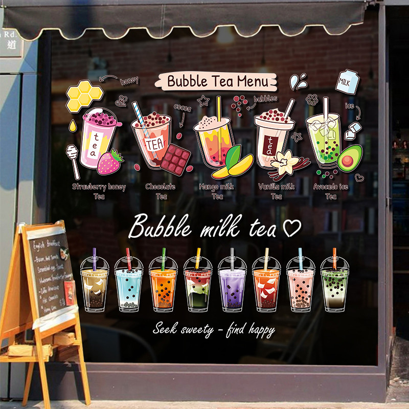 สติกเกอร์ติดผนัง ลายร้านชานม กาแฟ ไอศกรีม เครื่องดื่มเย็น ฉากไฟฟ้าสถิต สําหรับตกแต่งหน้าต่าง ร้านกาแฟ